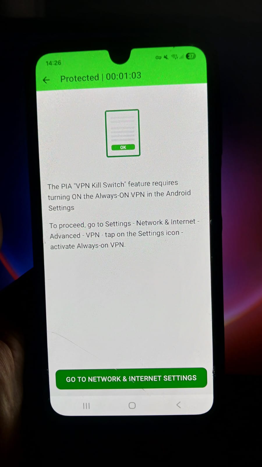 PIA VPN Android - Kill Switch Page Interface