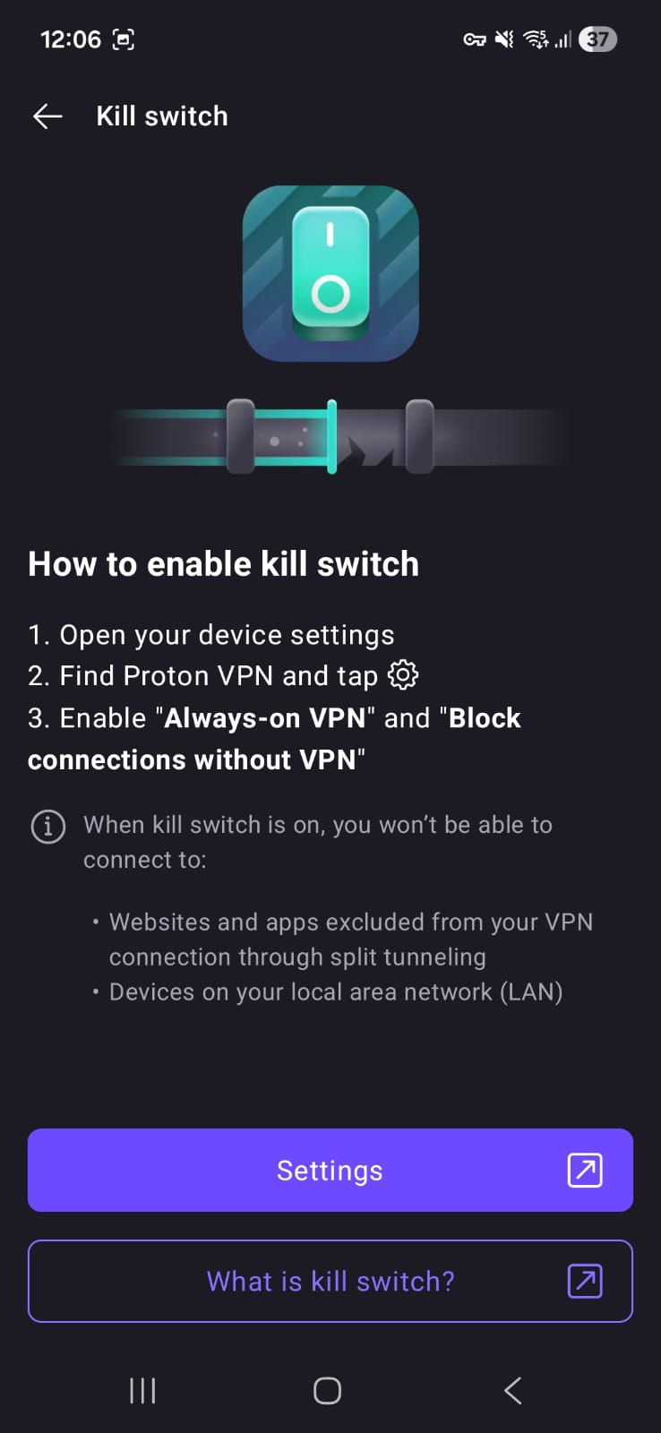 Proton VPN Android - Kill Switch Page Interface