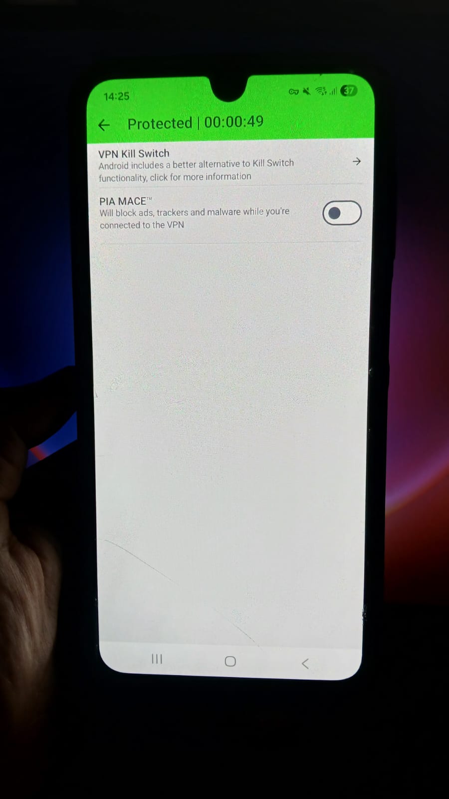 PIA VPN Android - Privacy Page Interface