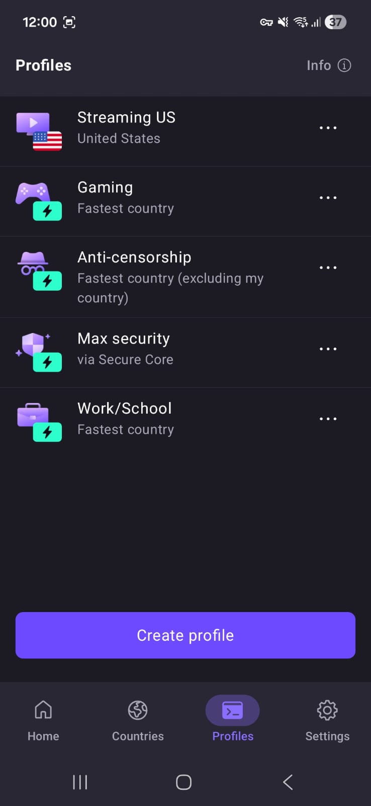 Proton VPN Android - Profile Page Interface