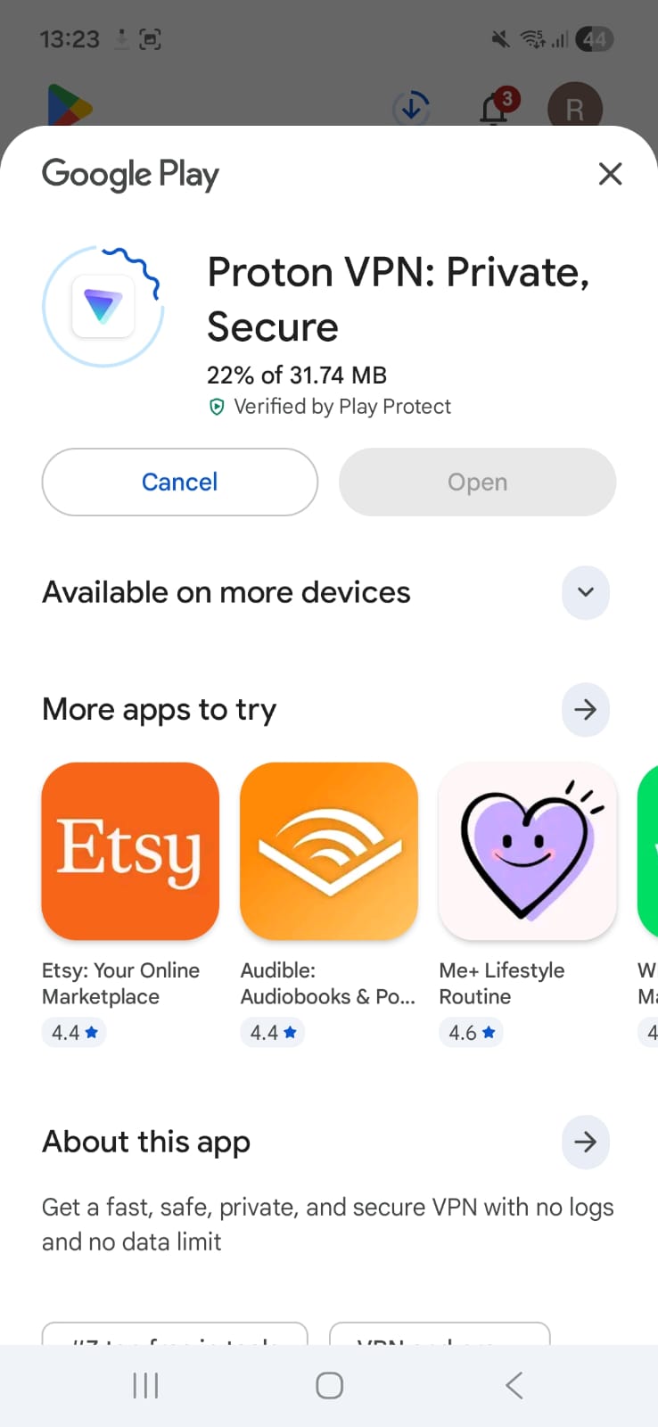 Proton VPN Android - Proton Installing on Google Play Store