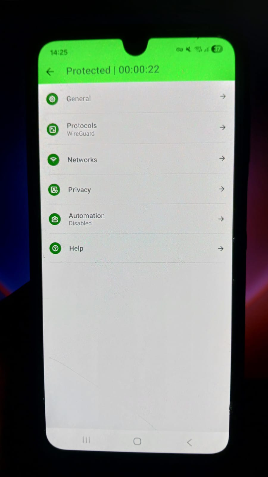 PIA VPN Android - Settings Page Interface