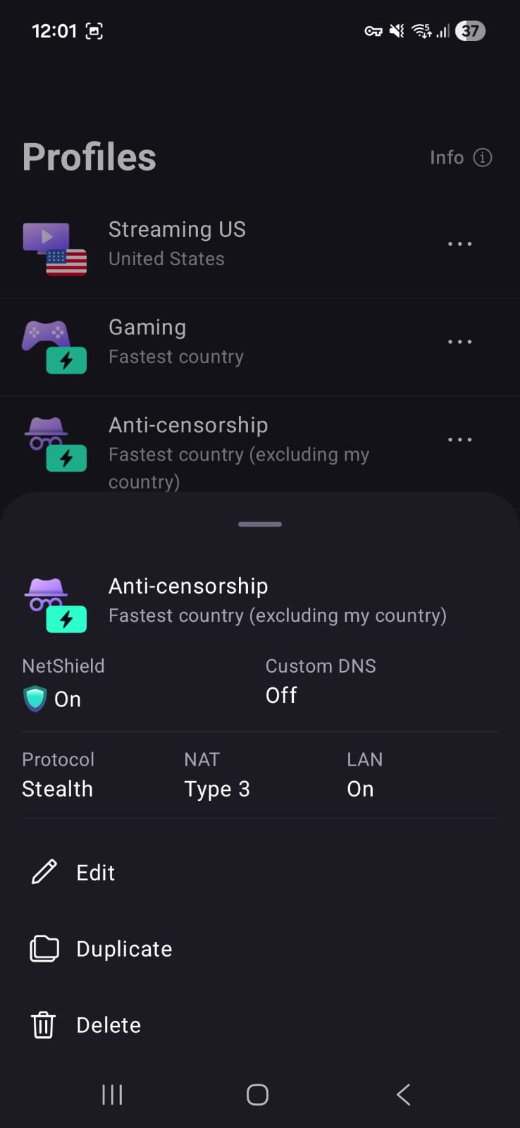 Proton VPN Android - Profile Page Edit Interface