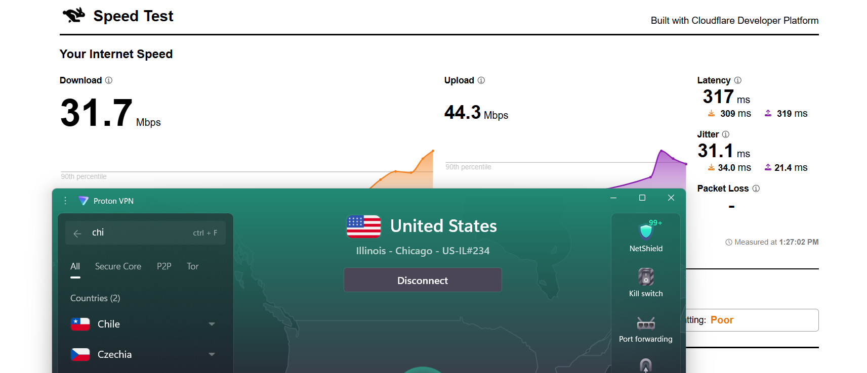 Proton VPN speed test results on Windows connected to Chicago server over WiFi showing download, upload, and latency performance