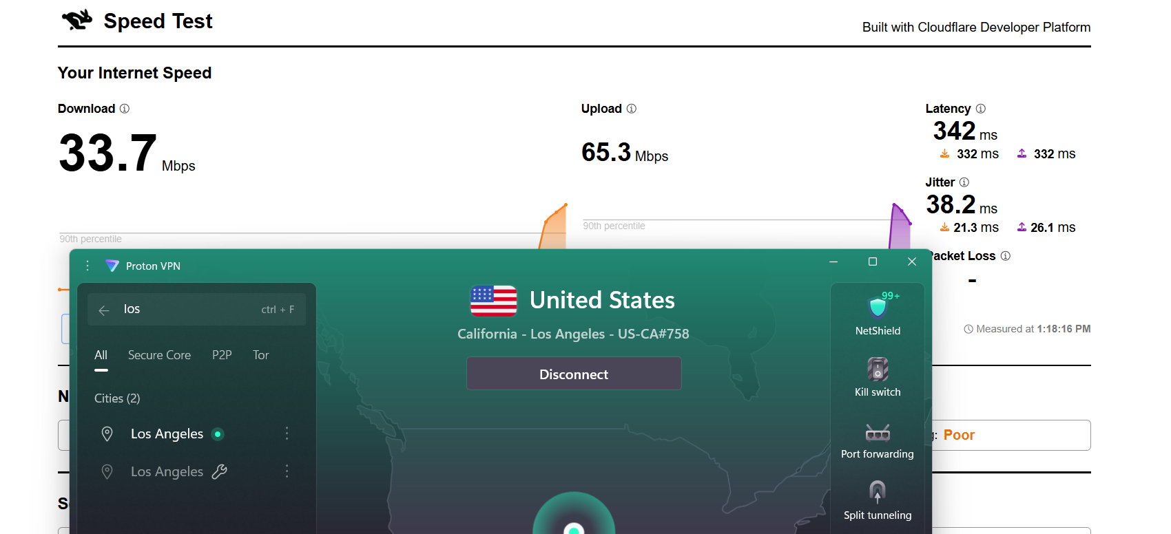 Proton VPN speed test results on Windows connected to Los Angeles server over WiFi showing download, upload, and latency performance
