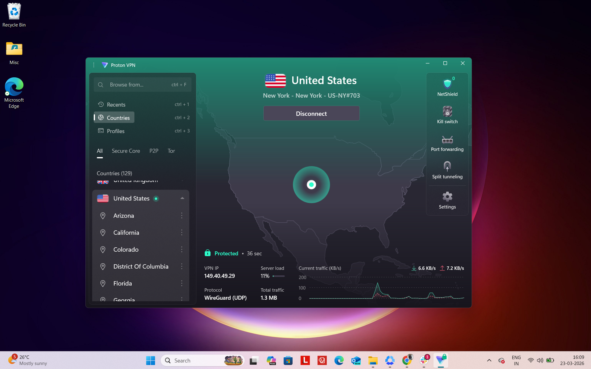 Proton VPN Windows app interface showing server selection with New York location and list of available US servers