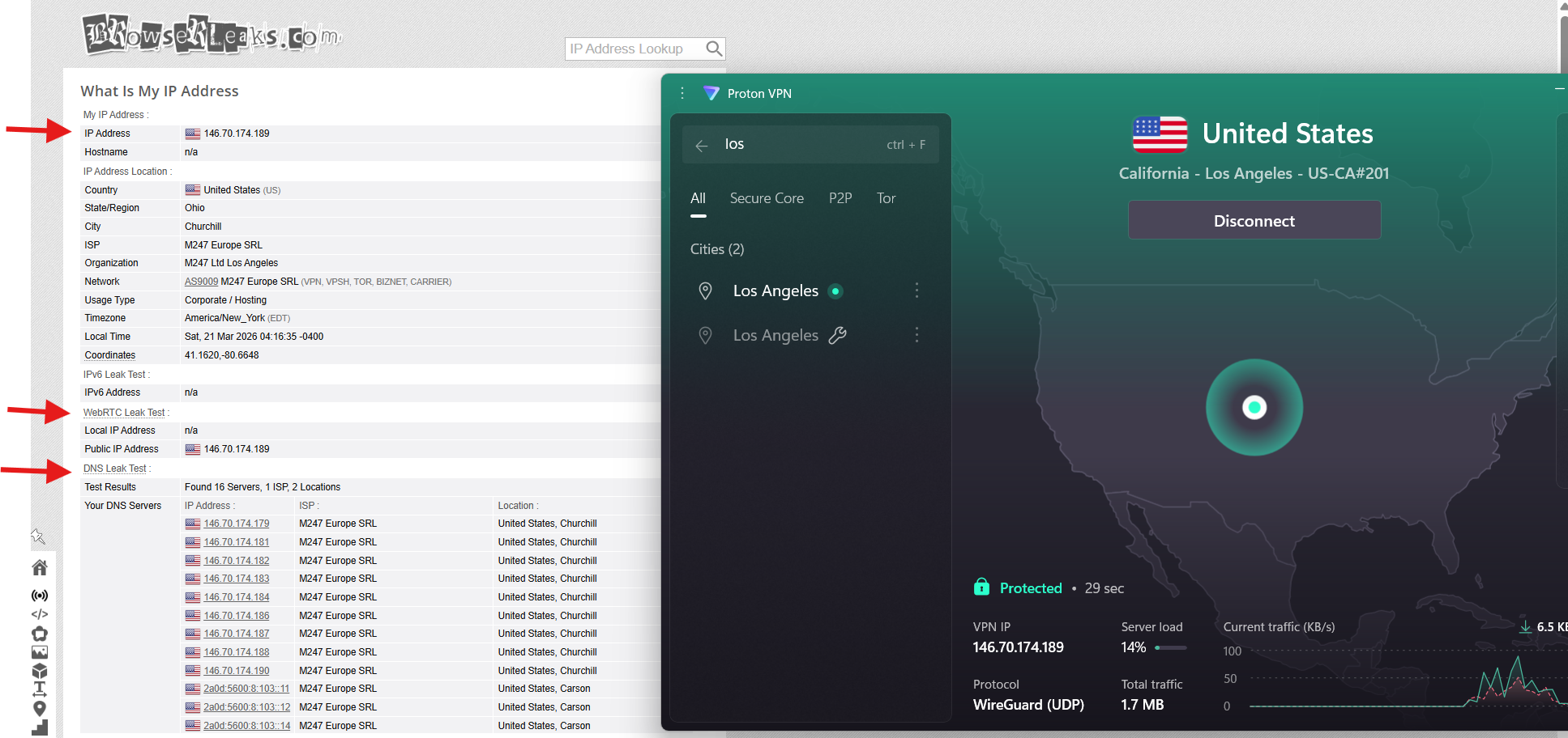 Proton VPN IP, DNS, and WebRTC leak test results on Windows connected to Los Angeles server over WiFi showing no leaks detected