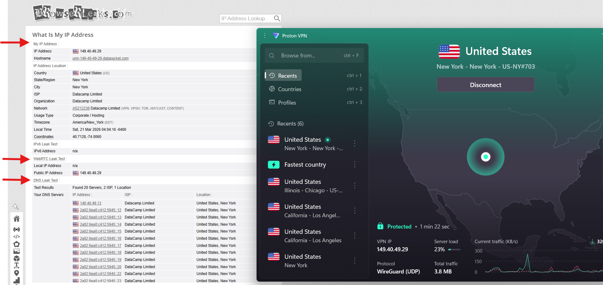 Proton VPN IP, DNS, and WebRTC leak test results on Windows connected to New York server over WiFi showing no leaks detected