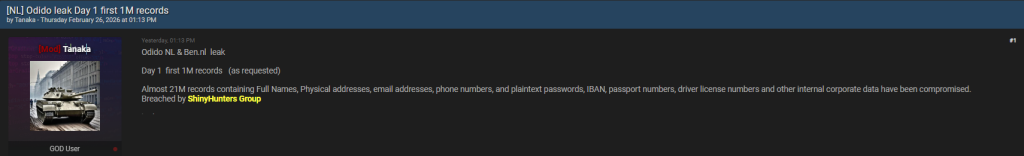 ShinyHunters first Odido dataset leak announcement | Source: Darknetsearch