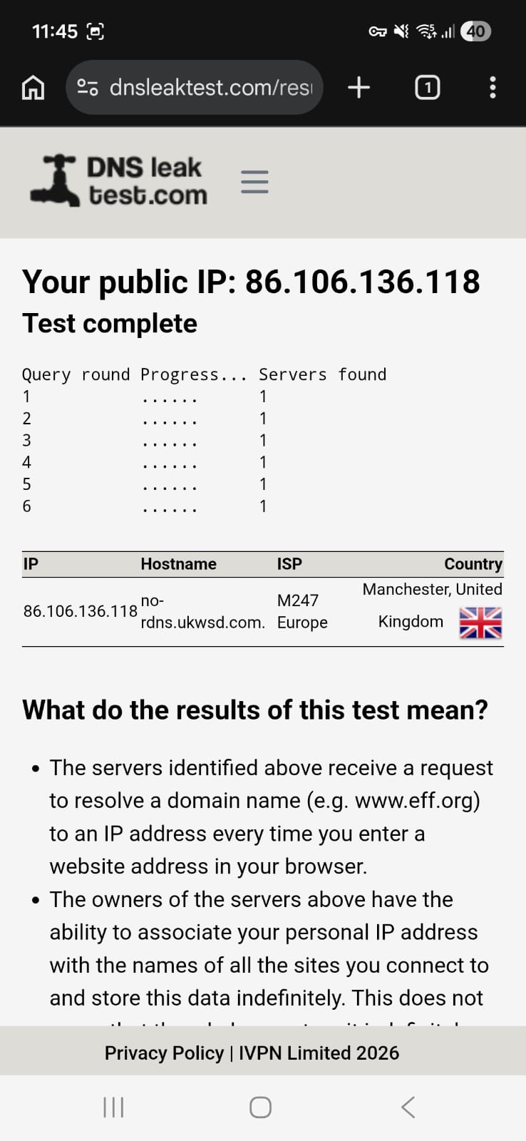 Surfshark VPN Android - DNS Leak Test