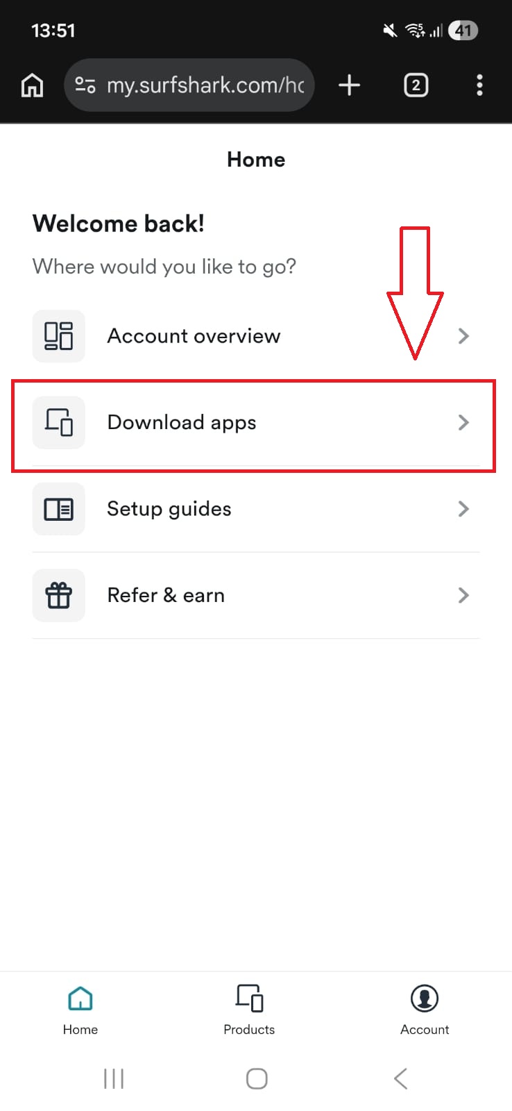 Surfshark VPN Android - Landing Page After Logging In