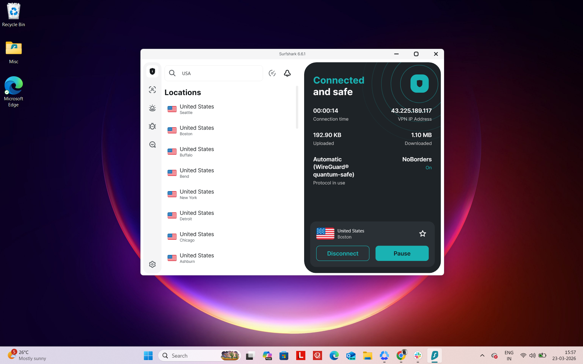 Surfshark VPN Windows app interface showing server selection with Boston location and list of available US servers