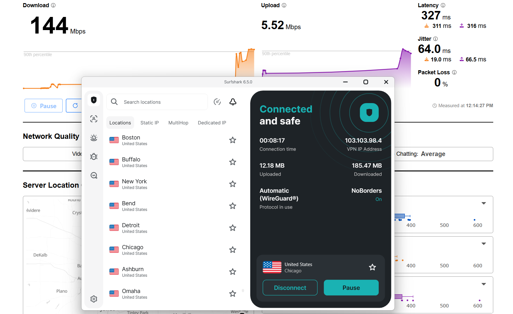 Surfshark VPN speed test results on Windows connected to Chicago server over WiFi showing download, upload, and latency performance