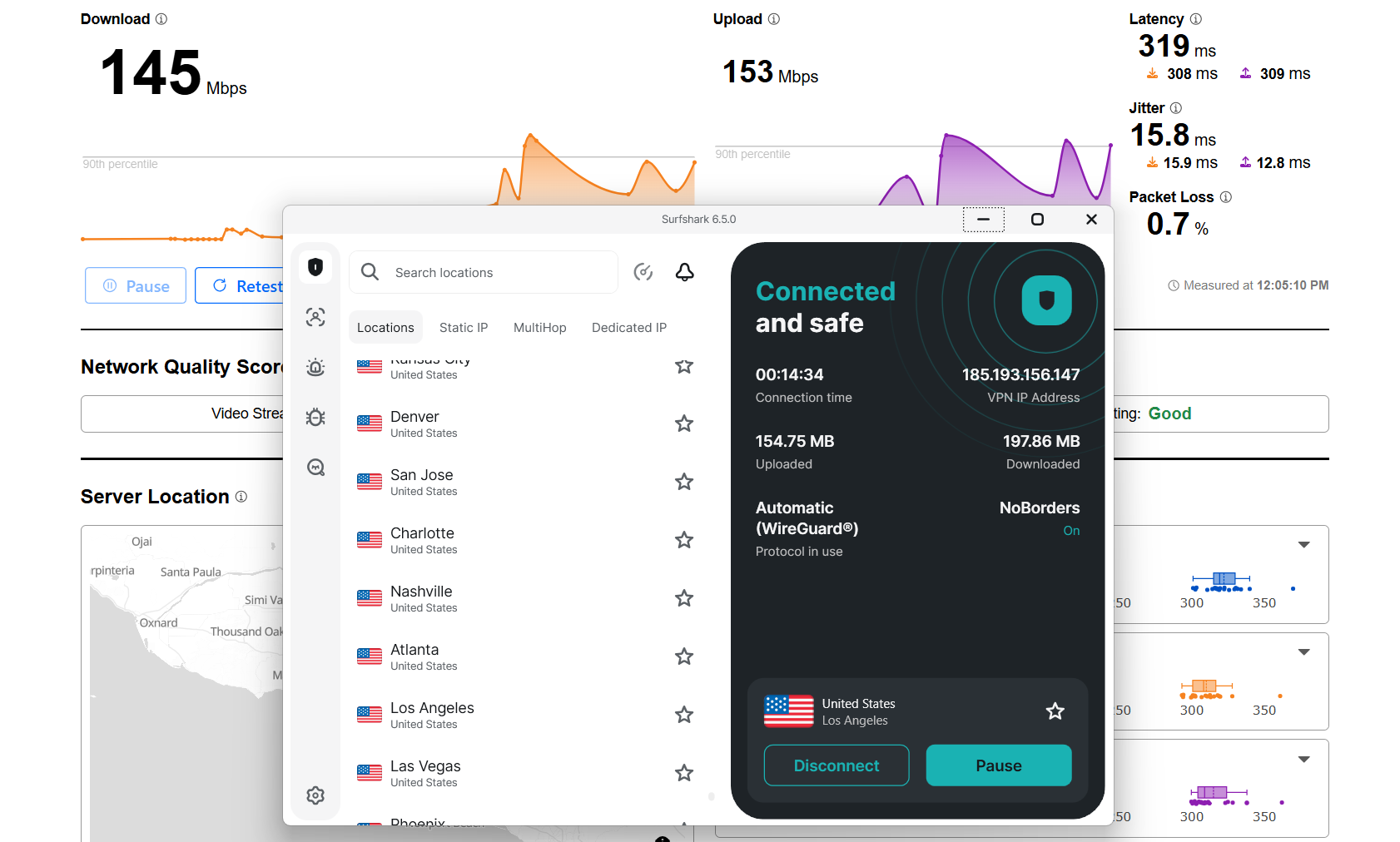 Surfshark VPN speed test results on Windows connected to Los Angeles server over WiFi showing download, upload, and latency performance