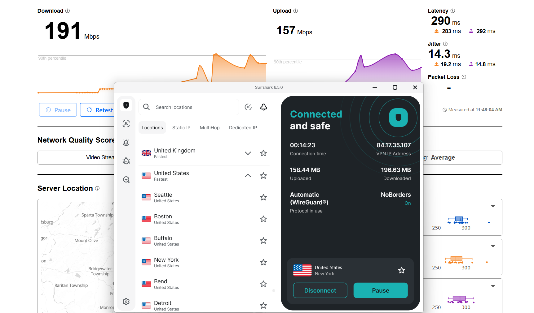 Surfshark VPN speed test results on Windows connected to New York server over WiFi showing download, upload, and latency performance