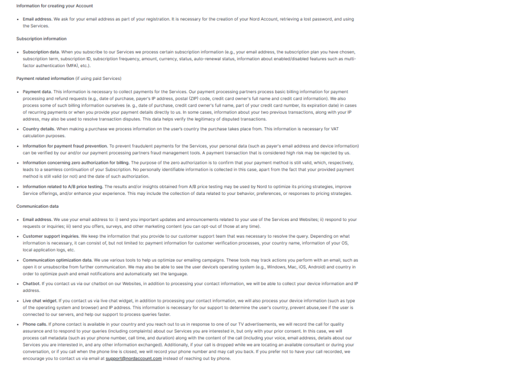 What NordVPN collects as per its privacy policy