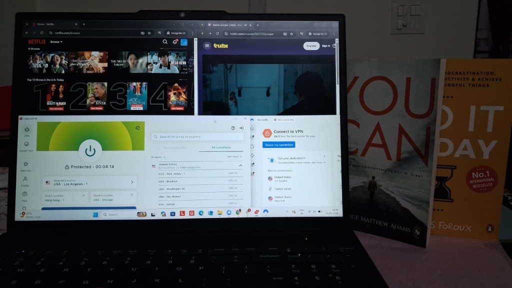 ExpressVPN and NordVPN testing setup on Windows connected to Los Angeles server while accessing US streaming platforms like Netflix and Tubi