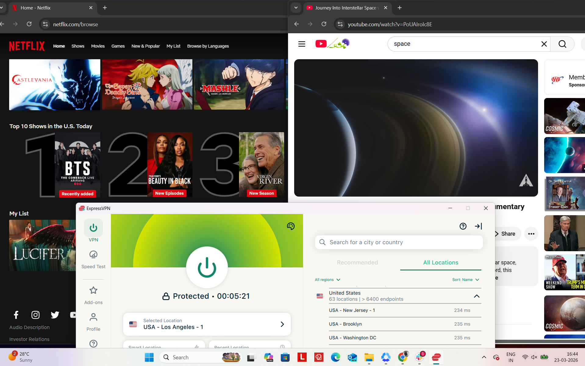 ExpressVPN connected on Windows to Los Angeles server while accessing Netflix US and YouTube simultaneously in a browser
