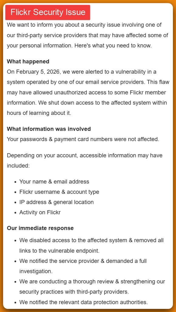 Screenshot of the email sent to affected users