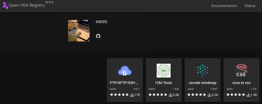 Screenshot of Open VSX Registry showing the oorzc namespace with four published extensions | Source: Socket’s Threat Research team