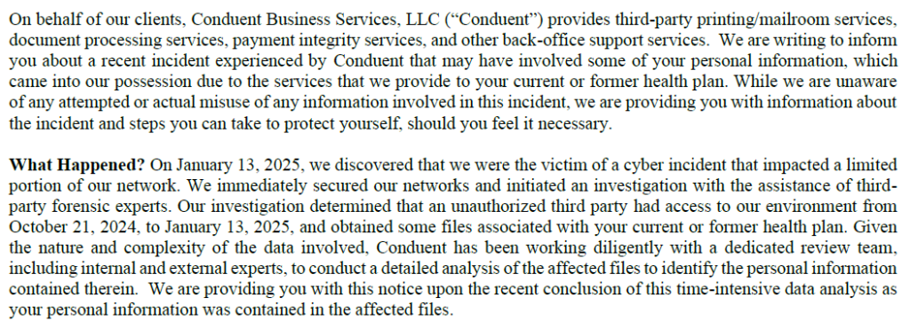 Conduent breach notification letter | Source: Maine Attorney General