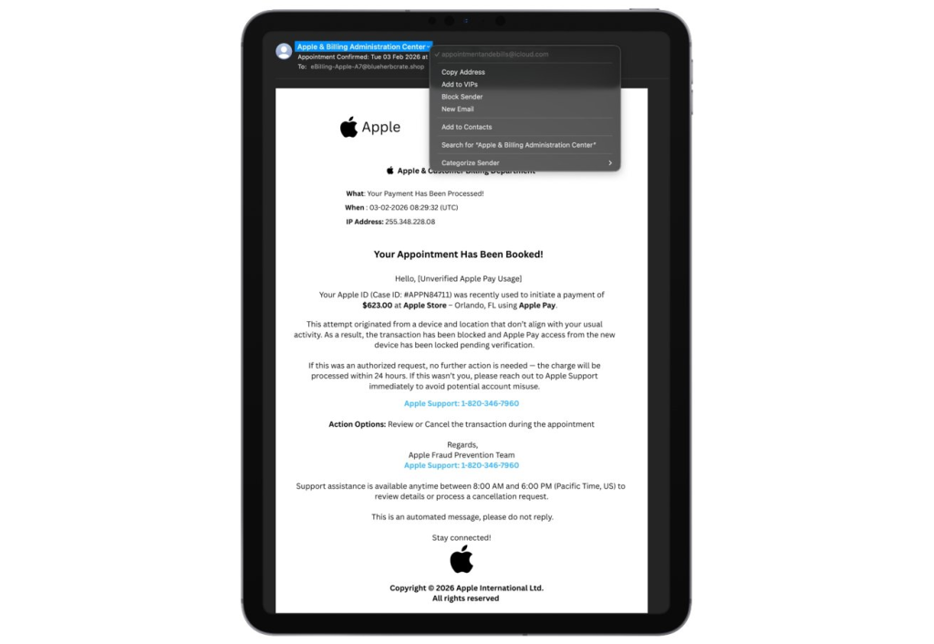 A phishing email attack in 2026 that some Apple users have reported receiving