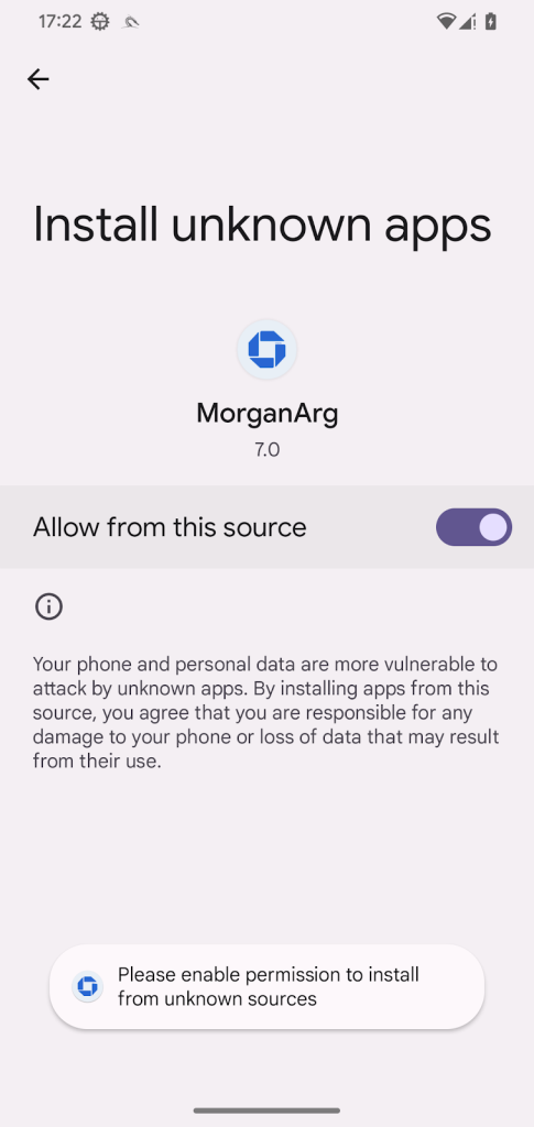 Dropper requests permission to install unknown apps to proceed with PromptSpy installation | Source: ESET