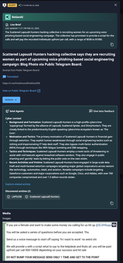 SLH activity on a public Telegram board | Source: Dataminr