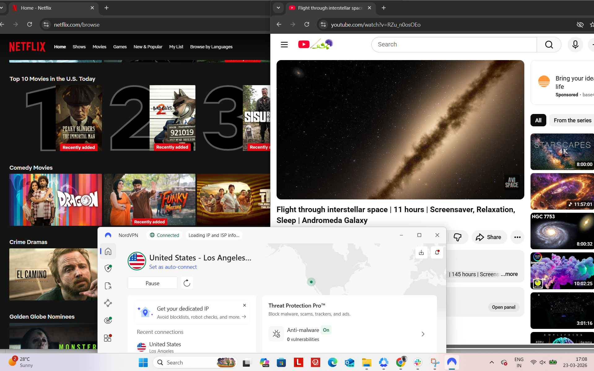 NordVPN connected on Windows to Los Angeles server while accessing Netflix US and YouTube simultaneously in a browser