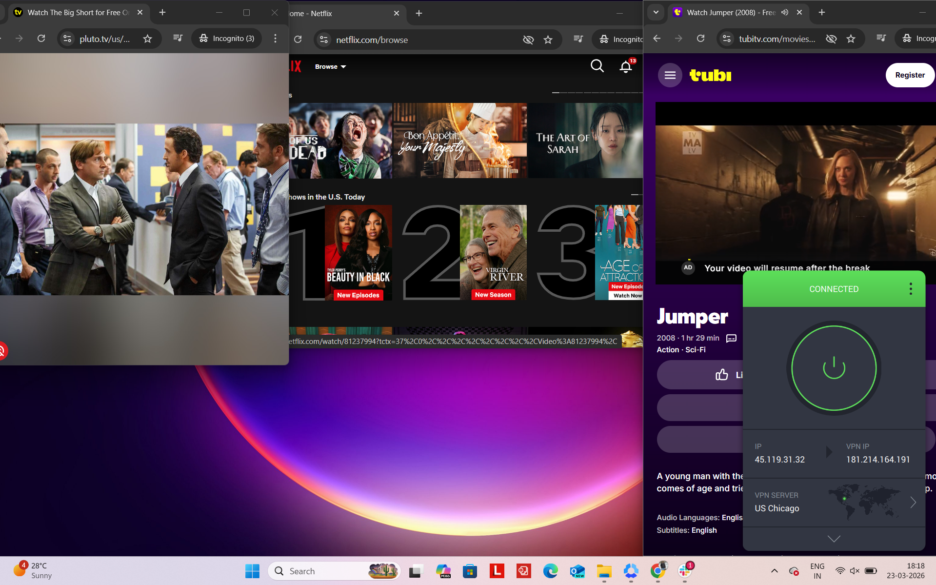 PIA VPN connected on Windows to Chicago server while accessing Netflix US, Tubi TV and Pluto TV simultaneously in a browser