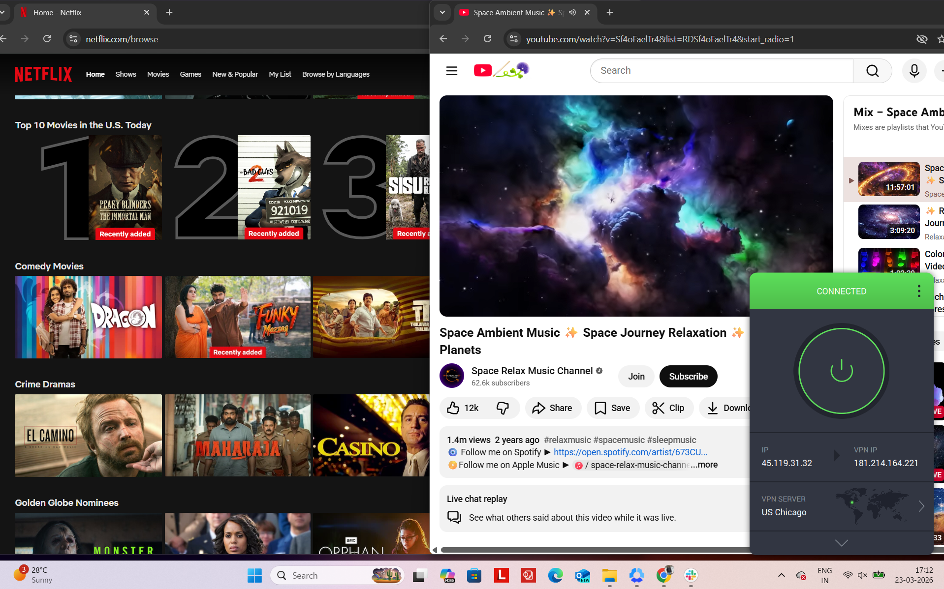 PIA VPN connected on Windows to Chicago server while accessing Netflix US and YouTube simultaneously in a browser