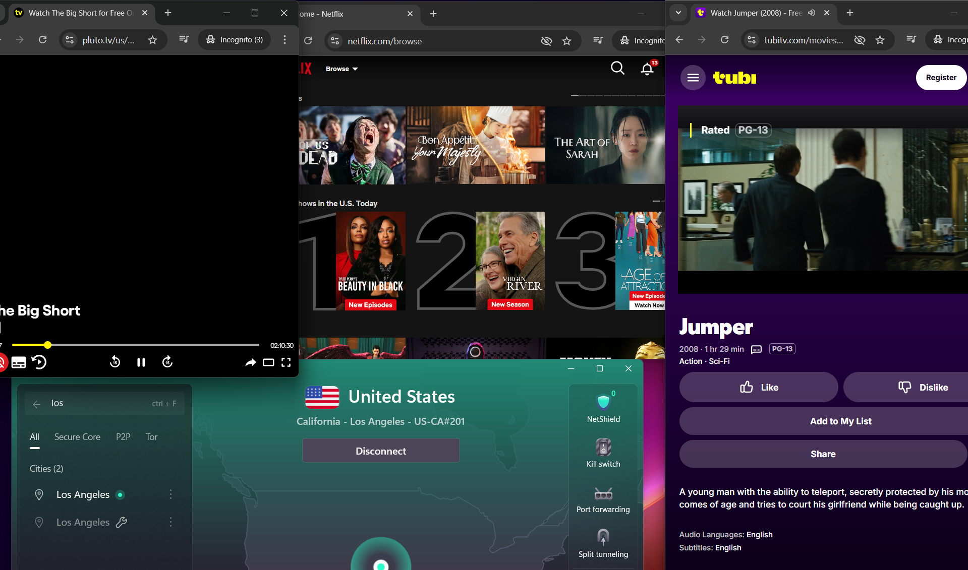 Proton VPN connected on Windows to Los Angeles server while accessing Netflix US, Tubi TV and Pluto TV simultaneously in a browser