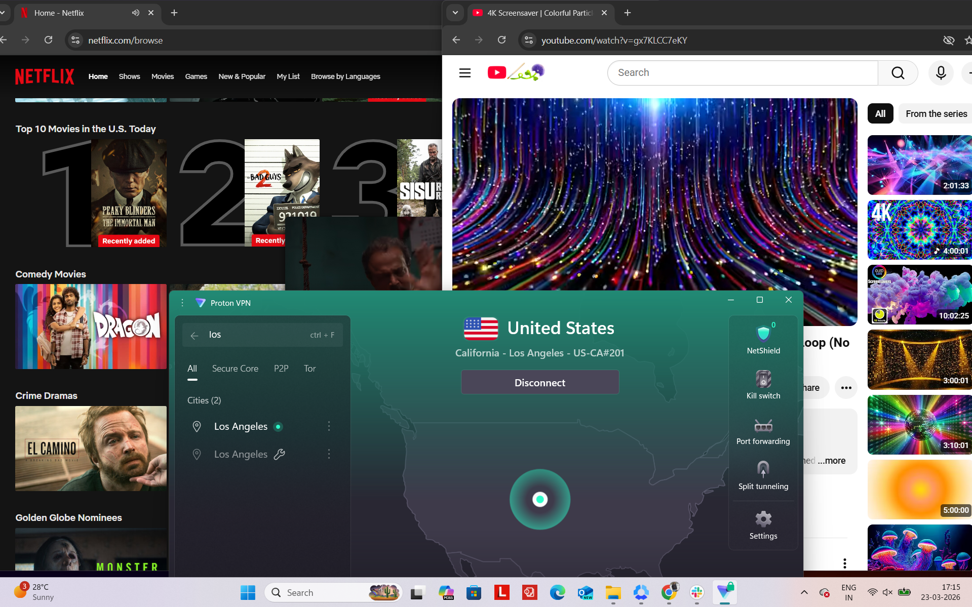 Proton VPN connected on Windows to Los Angeles server while accessing Netflix US and YouTube simultaneously in a browser