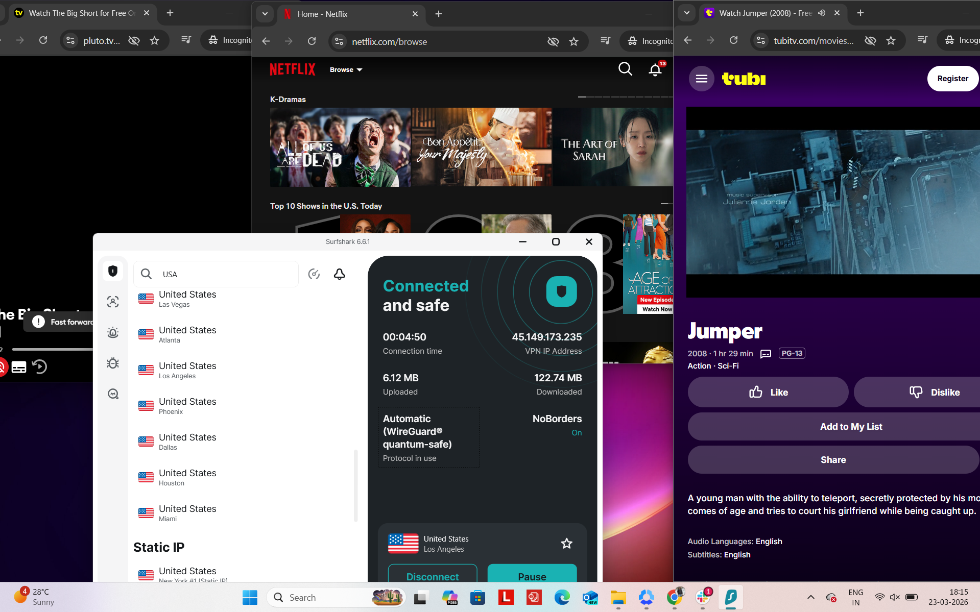 Surfshark VPN connected on Windows to Los Angeles server while accessing Netflix US, Tubi TV and Pluto TV simultaneously in a browser