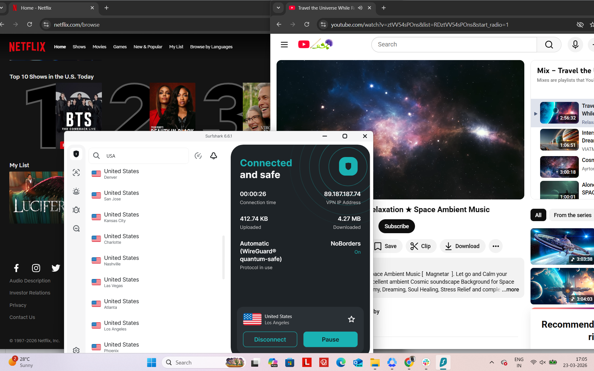 Surfshark VPN connected on Windows to Los Angeles server while accessing Netflix US and YouTube simultaneously in a browser