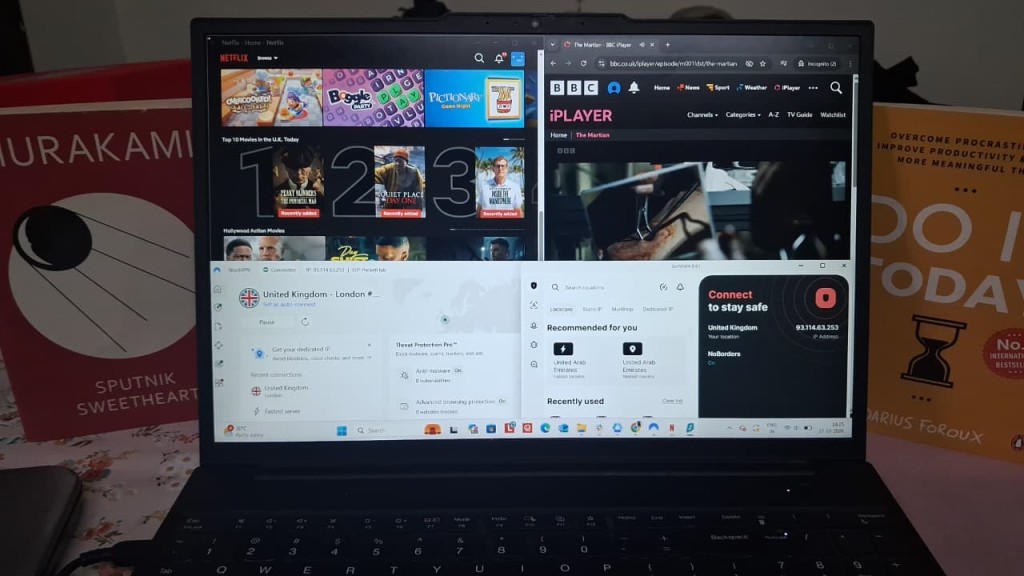NordVPN and Surfshark VPN testing setup on Windows connected to London server while accessing UK streaming platforms like Netflix and BBC iPlayer