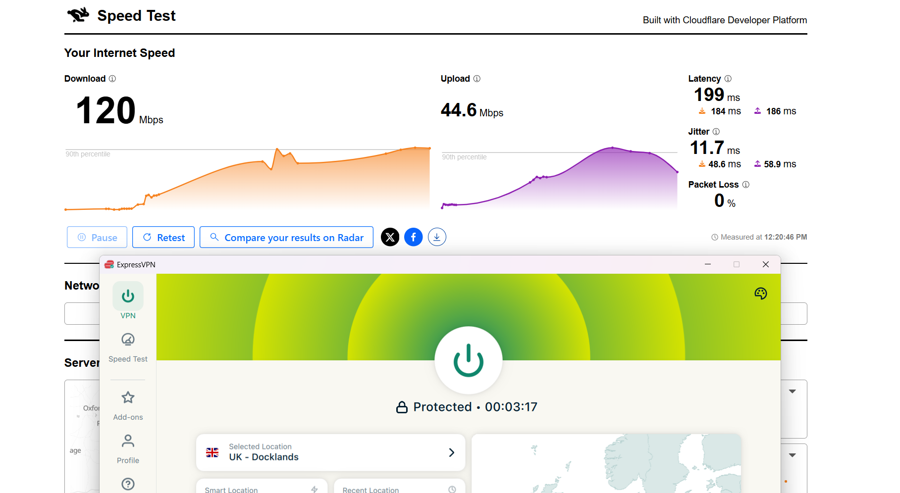 ExpressVPN speed test results on Windows connected to Dockland server over WiFi showing download, upload, latency, and jitter performance