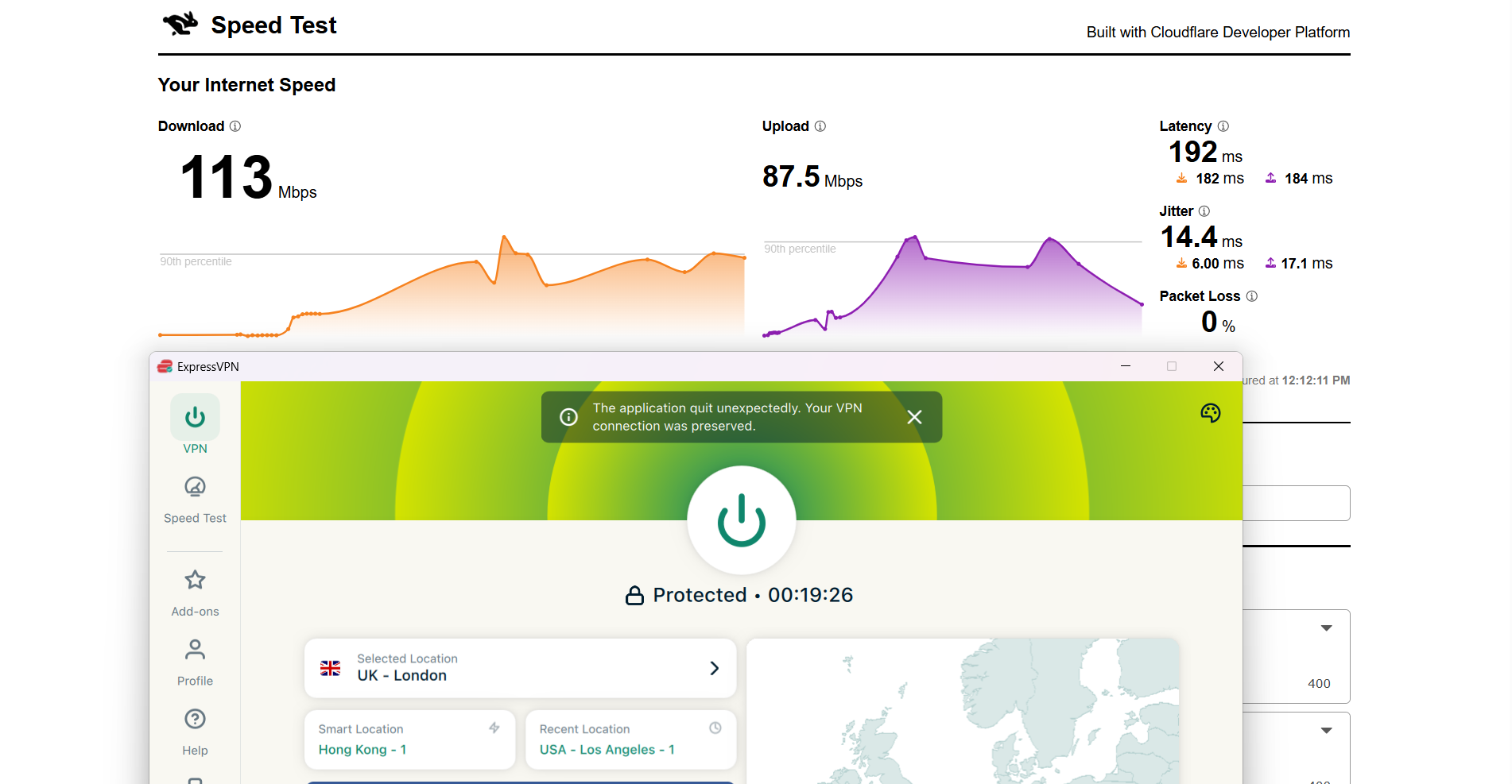 ExpressVPN speed test results on Windows connected to London server over WiFi showing download, upload, latency, and jitter performance