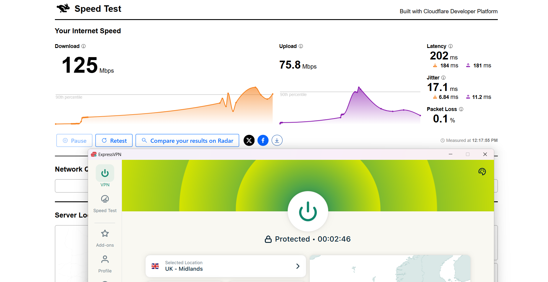 ExpressVPN speed test results on Windows connected to Midlands server over WiFi showing download, upload, latency, and jitter performance