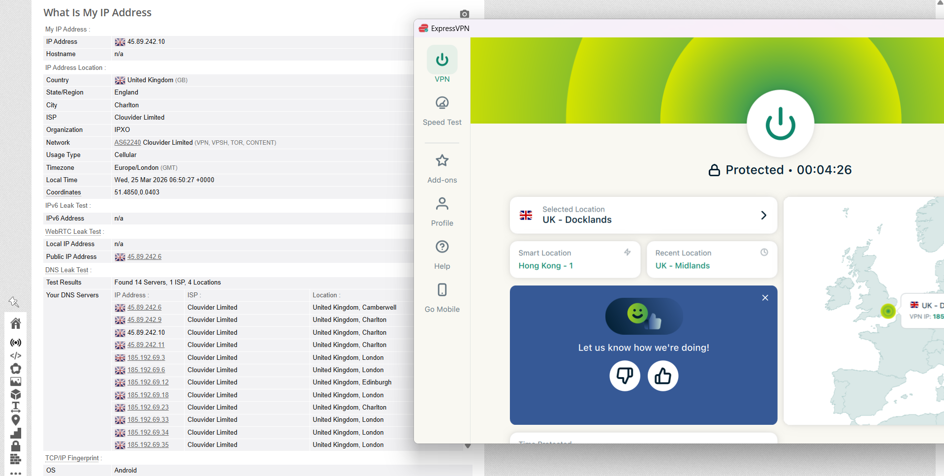 ExpressVPN IP, DNS, and WebRTC leak test results on Windows connected to Dockland server over WiFi showing no leaks detected