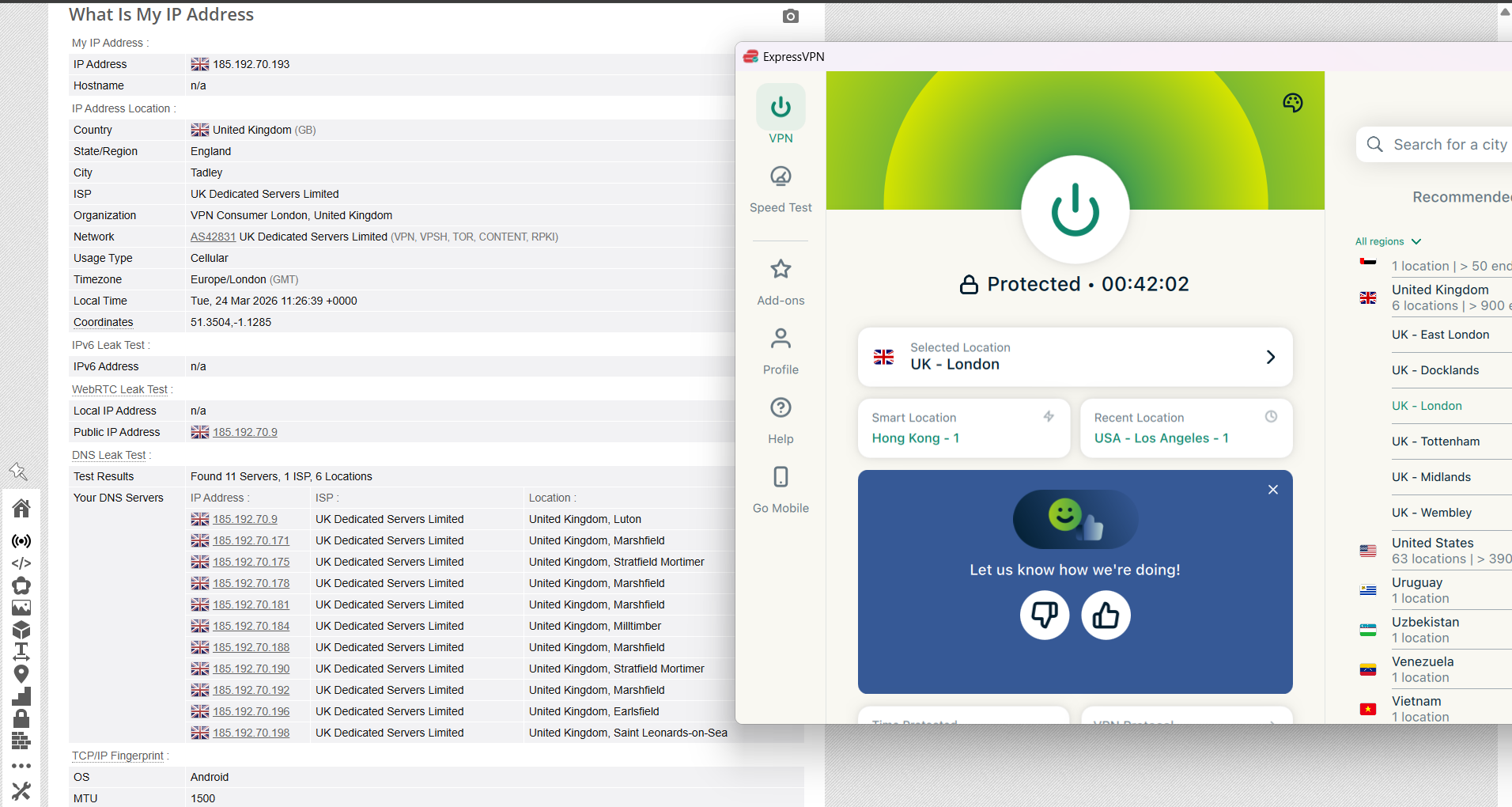 ExpressVPN IP, DNS, and WebRTC leak test results on Windows connected to London server over WiFi showing no leaks detected