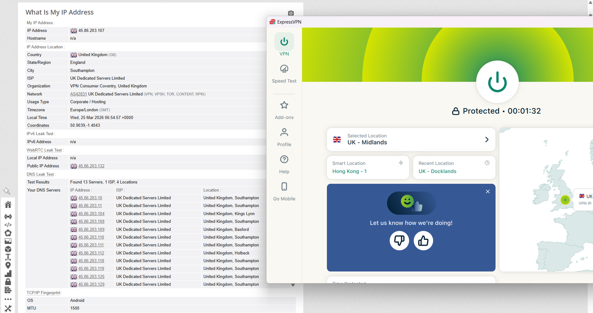 ExpressVPN IP, DNS, and WebRTC leak test results on Windows connected to Midlands server over WiFi showing no leaks detected