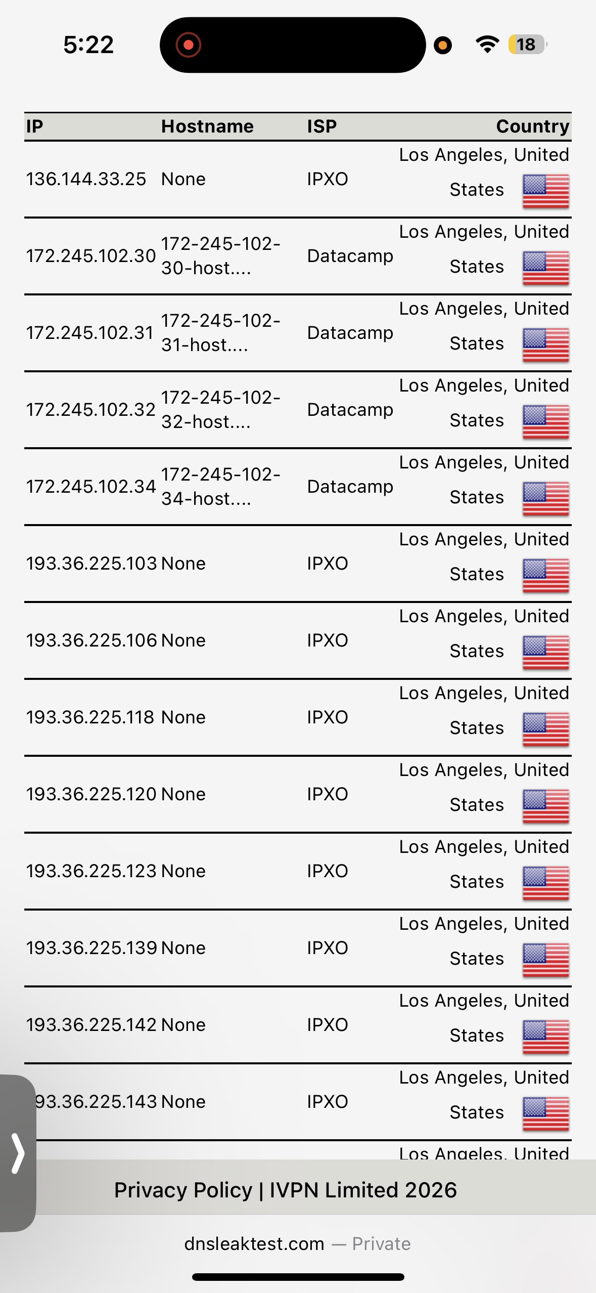 ExpressVPN passed the DNS leak test while connected to the US Los Angeles server on iPhone