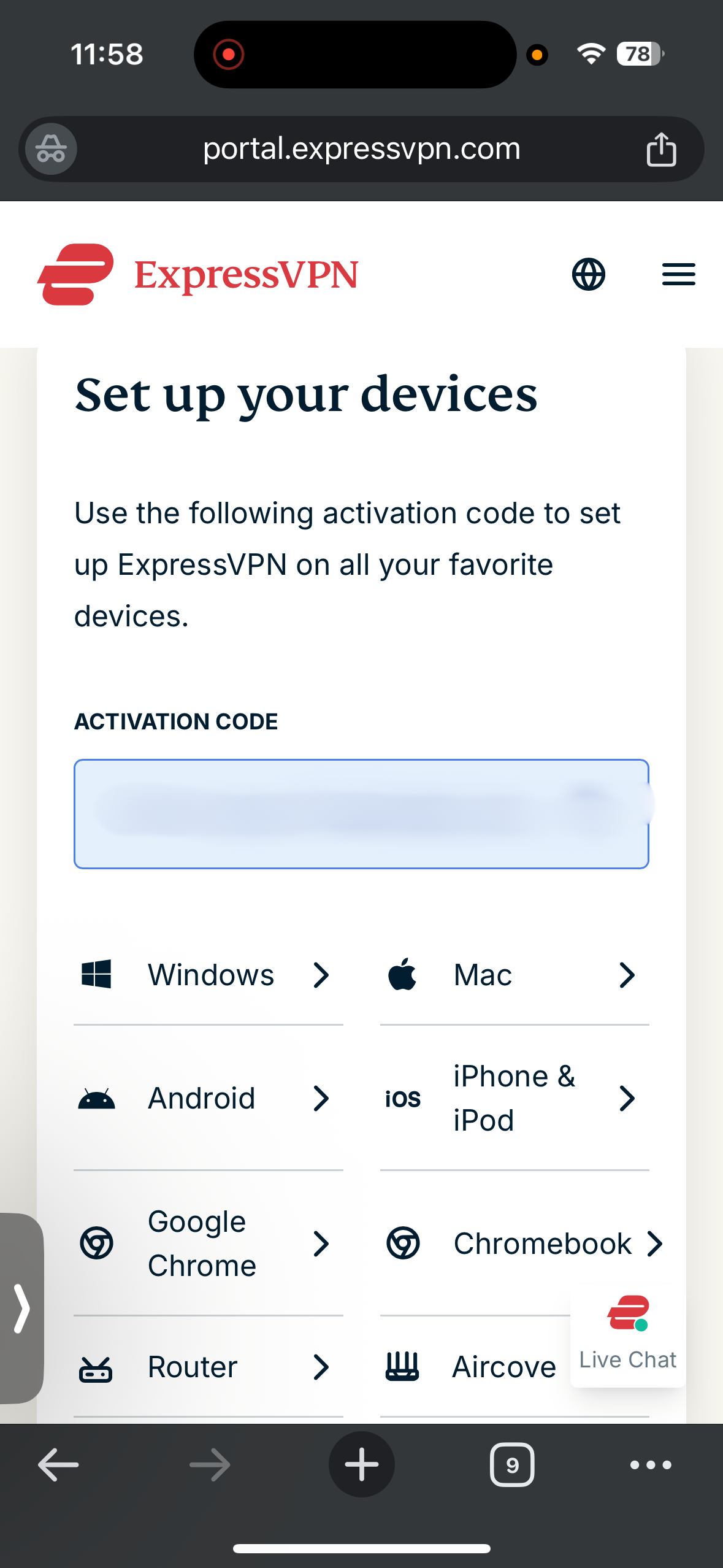 ExpressVPN activation code page for setting up devices