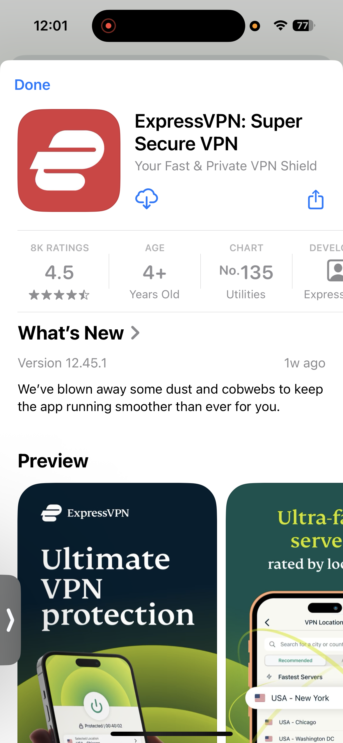 ExpressVPN iOS App Store page with features and reviews