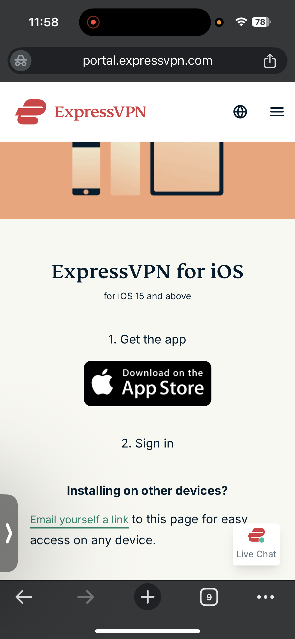 ExpressVPN iOS download page with App Store link