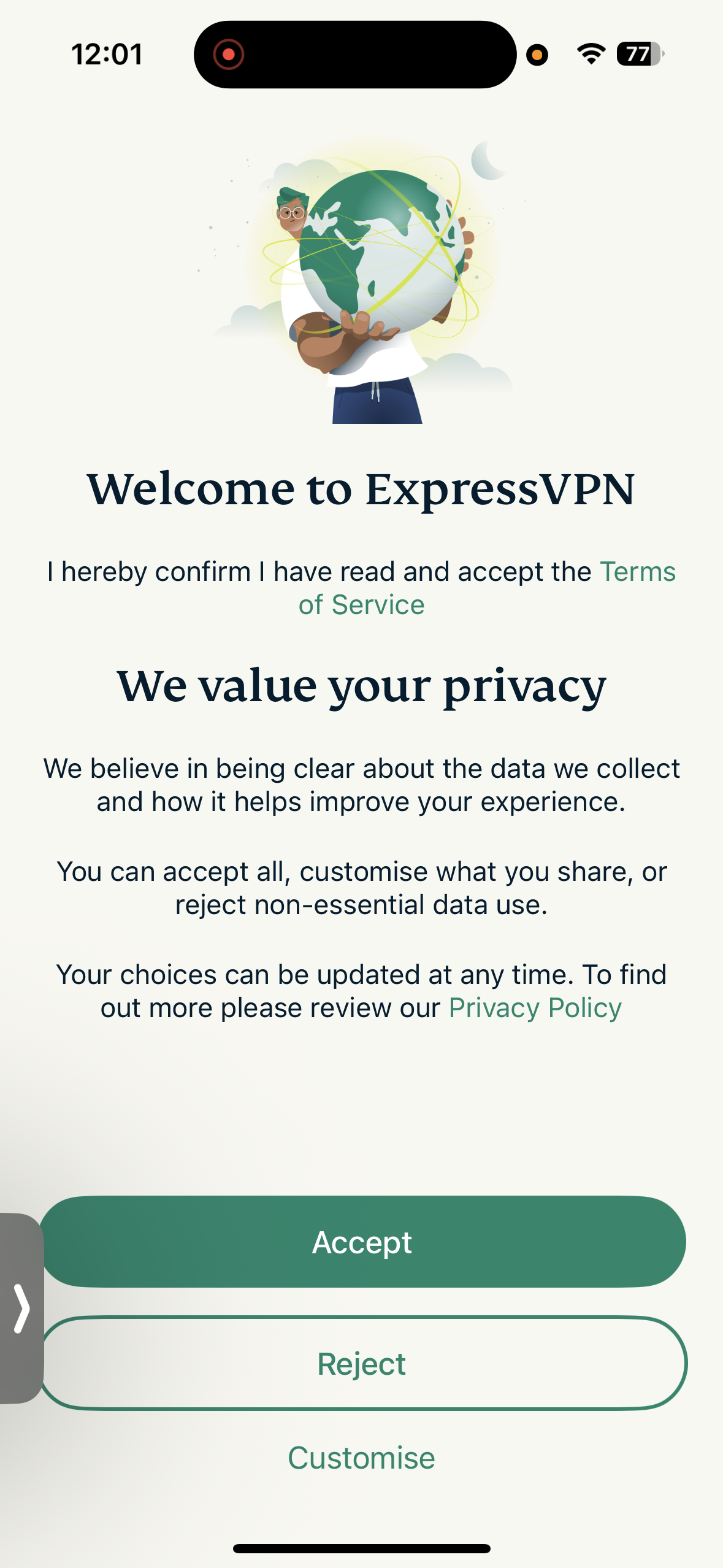 ExpressVPN welcome screen with privacy consent options