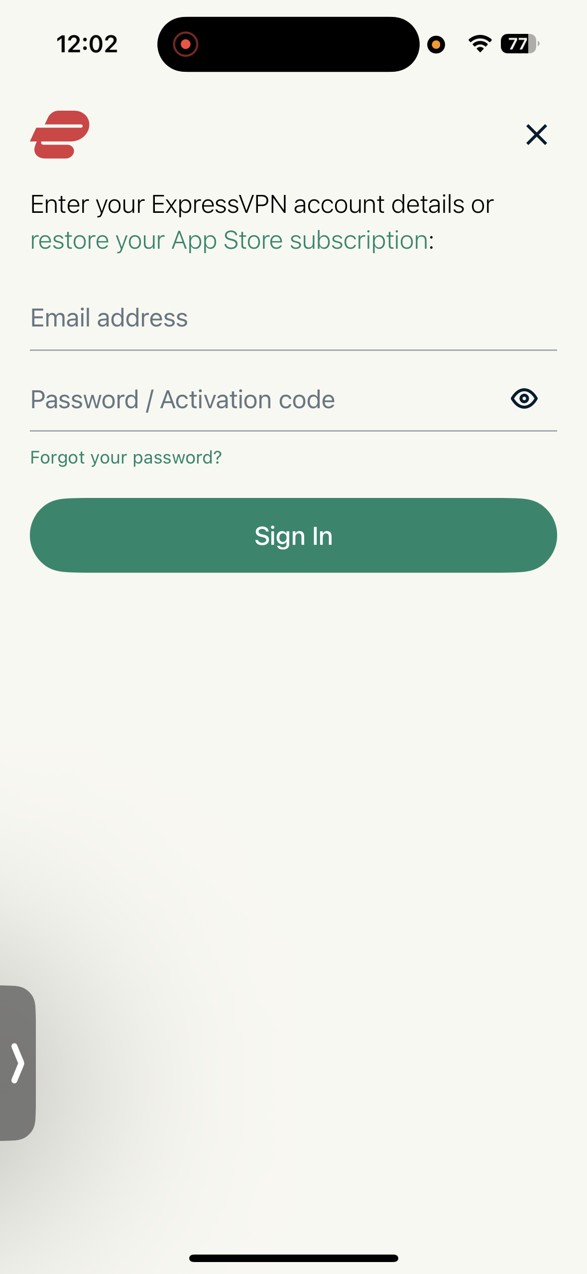 ExpressVPN mobile login screen with email and Activation Code details