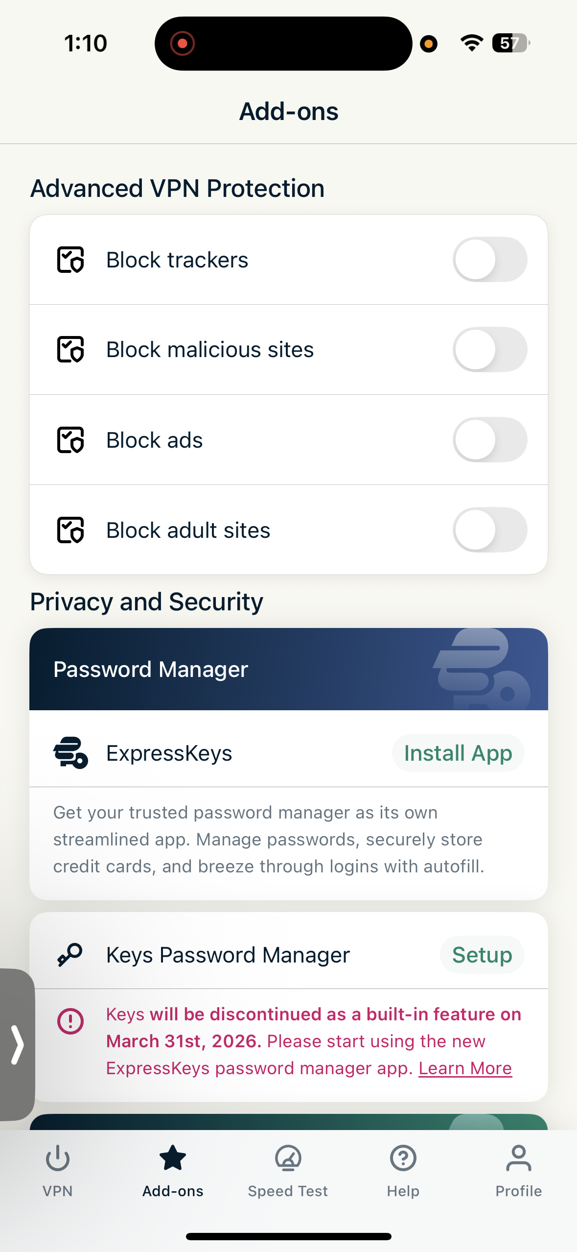 Extra privacy and security features in ExpressVPN iPhone App add-ons